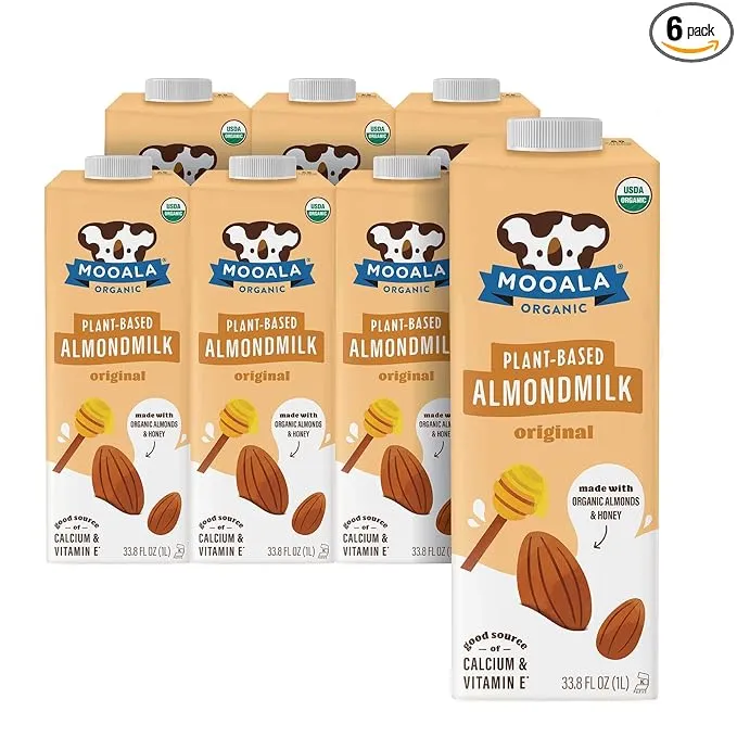 Mooala Organic Almond Milk 33.8 fl oz (Pack of 6) – Shelf-Stable, Lactose Free, Gluten-Free, Vegan, Plant-Based Beverage