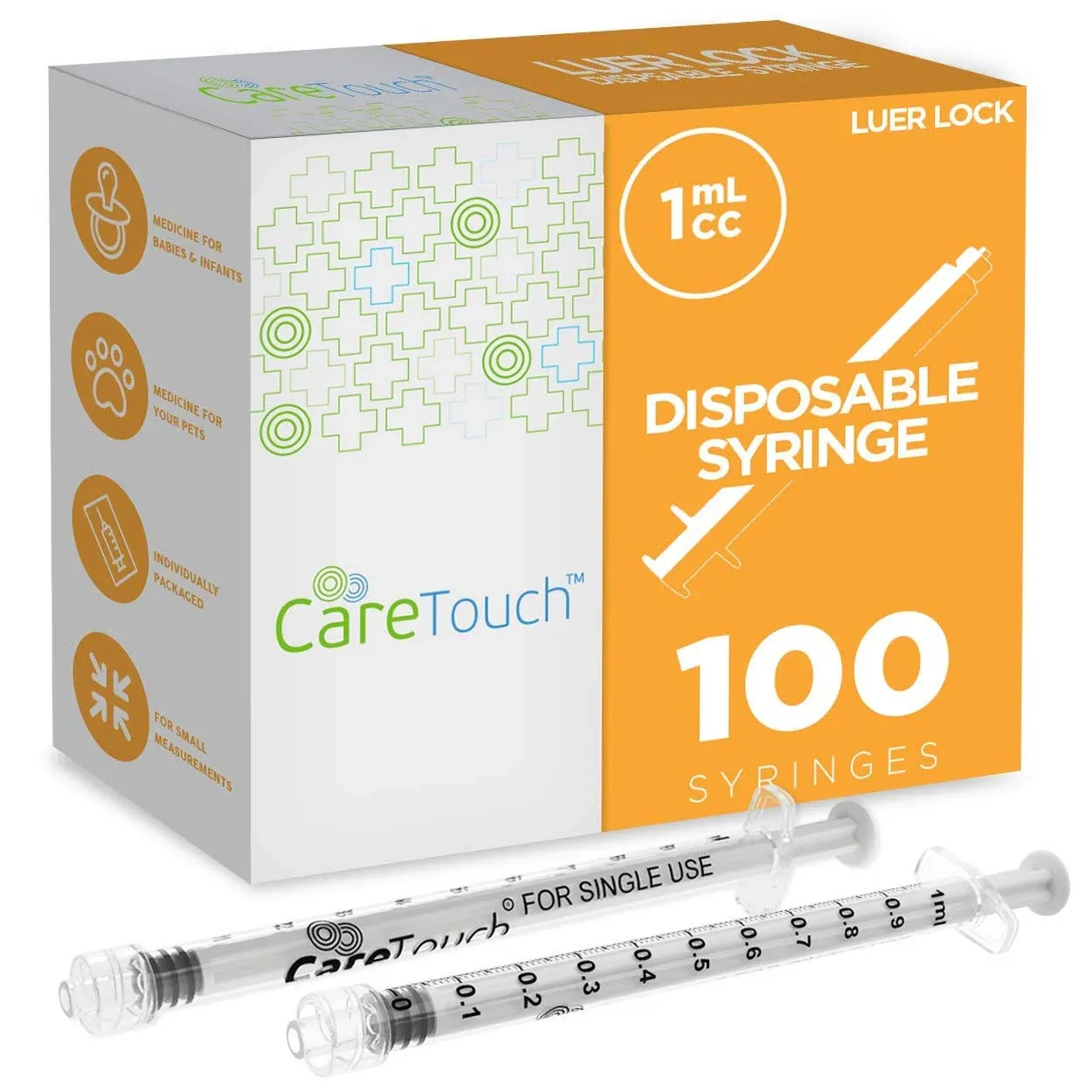 1ml Syringe Only with Luer Lock Tip - 100 Syringes by Care Touch (No Needle)