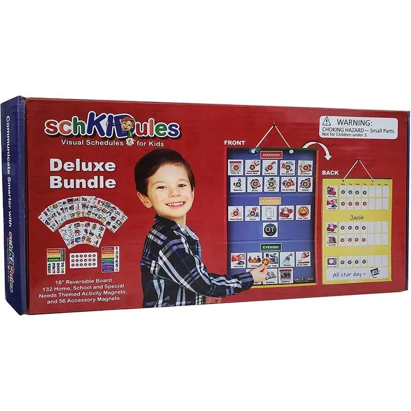 SchKIDules Deluxe Magnetic Visual Schedule & Reward Chart w/189 Colorful Magnets & Reversible 18” Folding Board for Daily Routines, Chores, Behavioral Supports, Kids Calendar, ADHD & Autism Icons