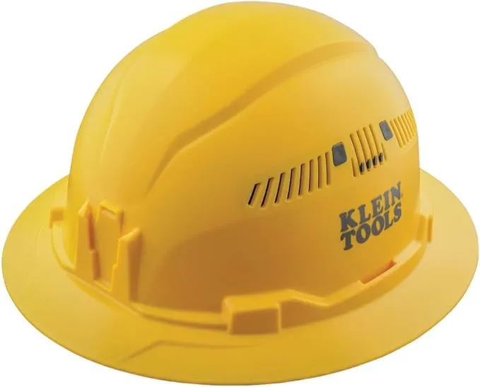 Klein Tools 60262 Hard Hat, Vented, Full Brim Style, Padded Self-Wicking Odor-Resistant Sweatband, Yellow