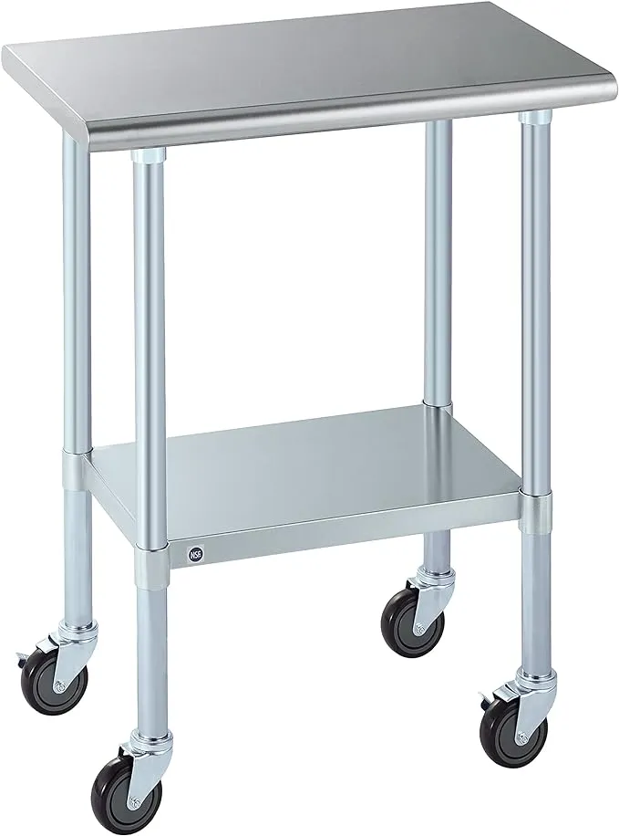 ROCKPOINT Stainless Steel Prep & Work with Caster 14x24 Inches Commercial Kitchen Adjustable Under Shelf and Table Foot for Restaurant, Home and Hotel, 14x24inch, Silver