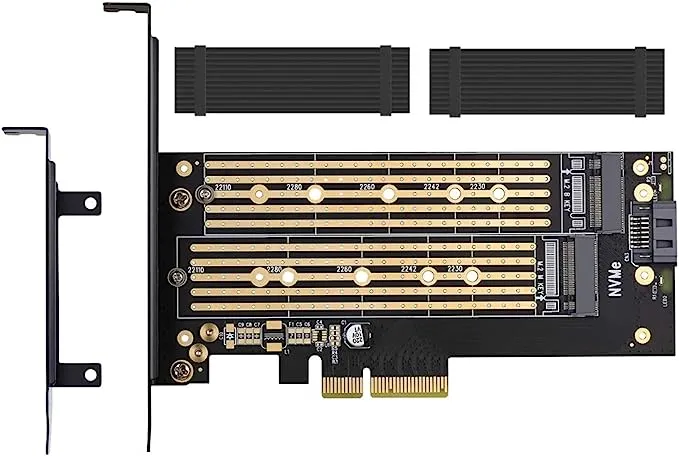 Dual M.2 PCIe Adapter for SATA or PCIe NVMe SSD with Advanced Heat Sink Solution,M.2 SSD NVMe (M Key) and SATA (B Key) 22110 2280 2260 2242 2230 to