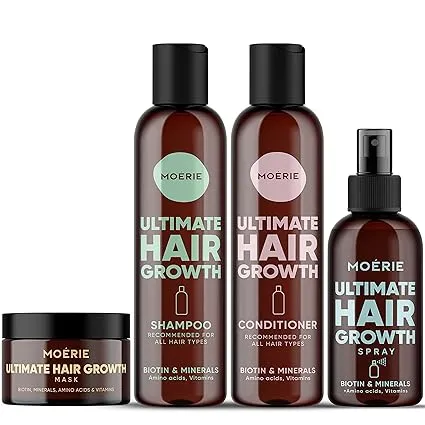 Moerie Shampoo and Conditioner Plus Hair Mask and Spray Mega Pack – The Ultimate Growth Care – For Longer, Thicker, Fuller Hair - Volumizing Products – Paraben & Silicone Free (Set of 4)