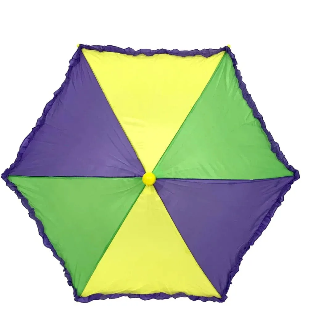 Green, and Gold Umbrella with Purple Ruffle 14.5" | Elegant Mardi Gras Decor Accent