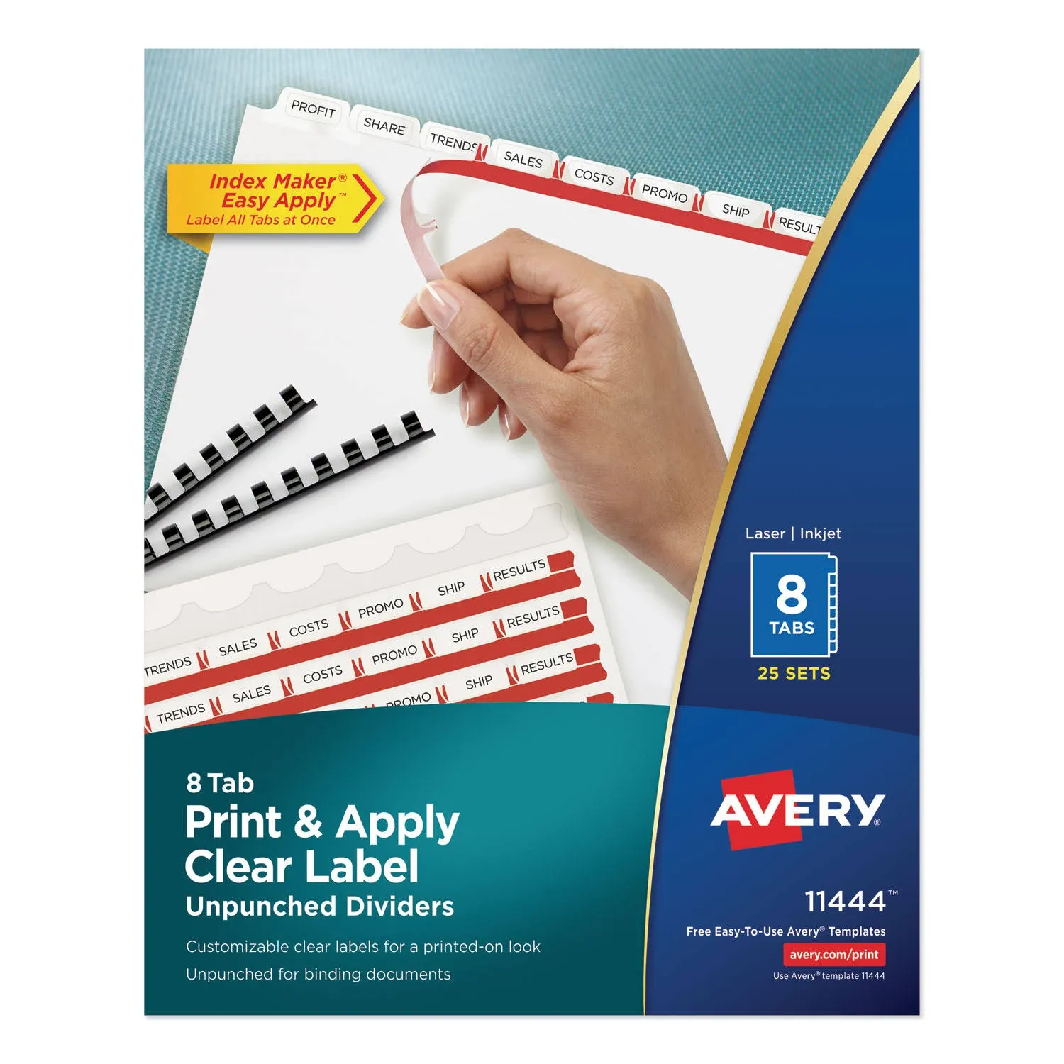 Avery Print and Apply Index Maker Clear Label Unpunched Dividers, 8-Tab, Ltr, 25 Sets (11444)