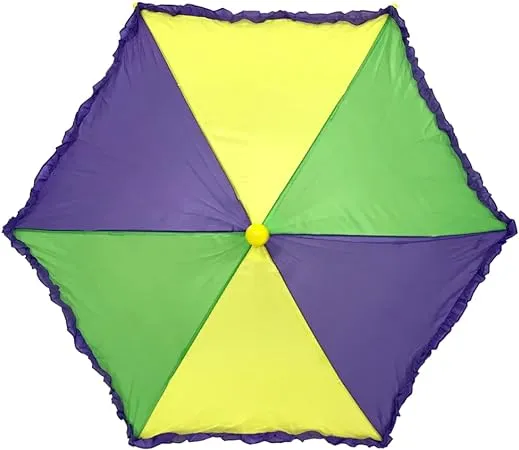 Green, and Gold Umbrella with Purple Ruffle 14.5" | Elegant Mardi Gras Decor Accent