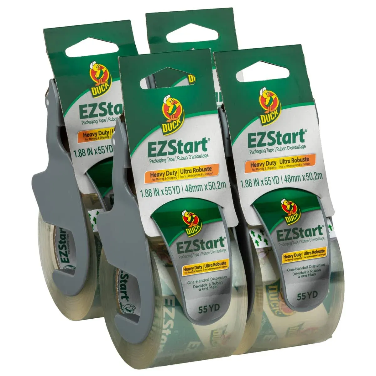 Duck EZ Start Packaging Tape, 4 Rolls with Dispensers, 220 Yards, Clear Packing Tape for Mailing, Moving, Shipping & Sto