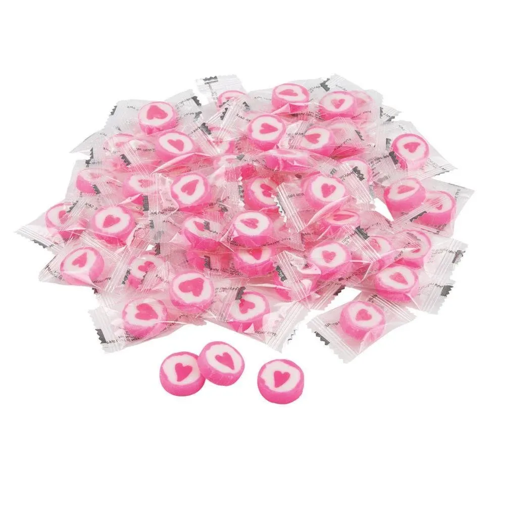 Round Hard Candy with Heart (152 individually wrapped candies) Perfect for Weddings and Valentines Day (Pink)