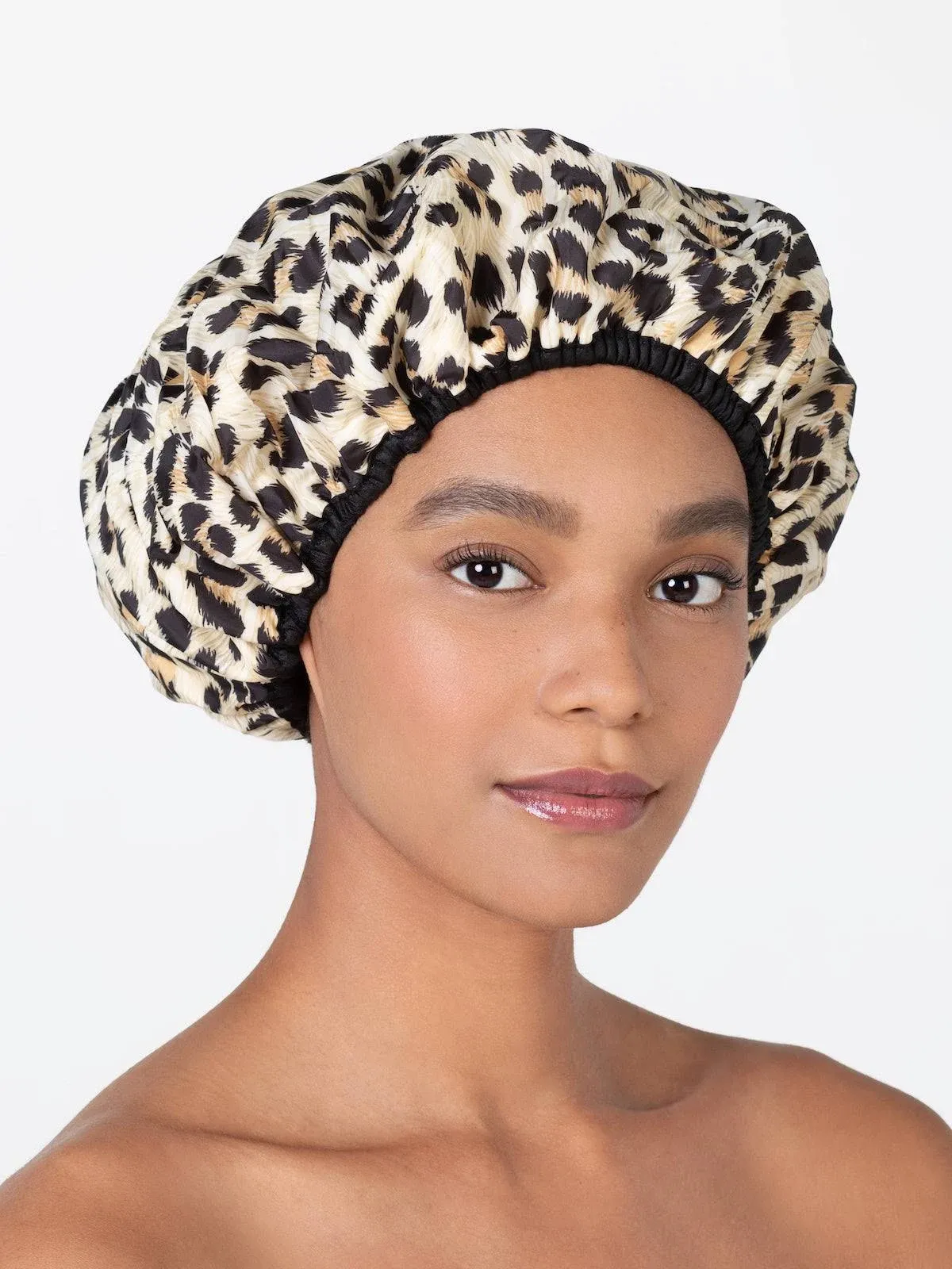 Reusable Nylon Shower Cap & Bath Cap, Reversible Oversized Waterproof Shower Caps Large Designed for all Hair Lengths w Terry Lining & Elastic Band Stretch Hem Hair Hat - Socialite Safari Spots