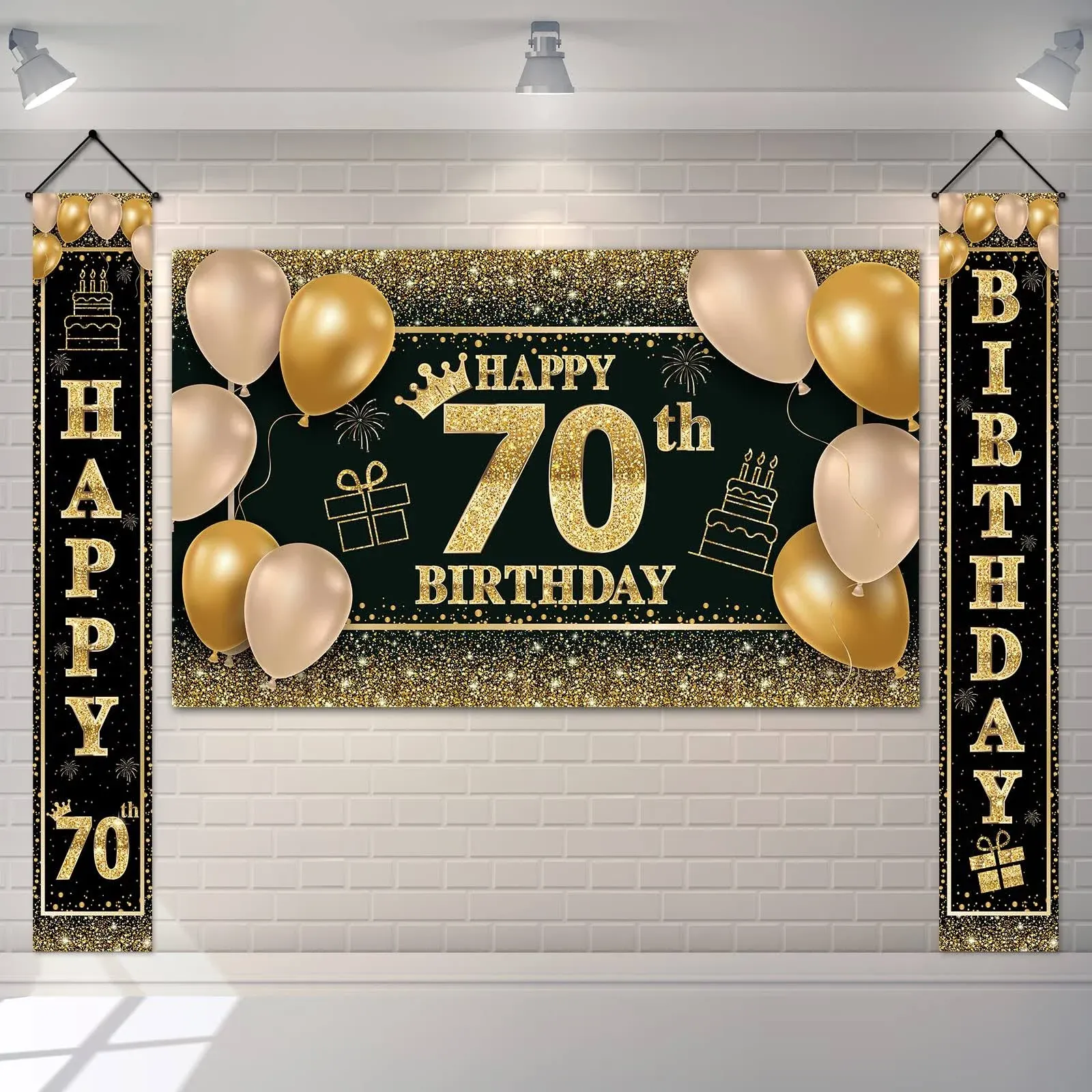 70th Birthday Decorations for Women Men Black Gold Happy Birthday Banner Porc...