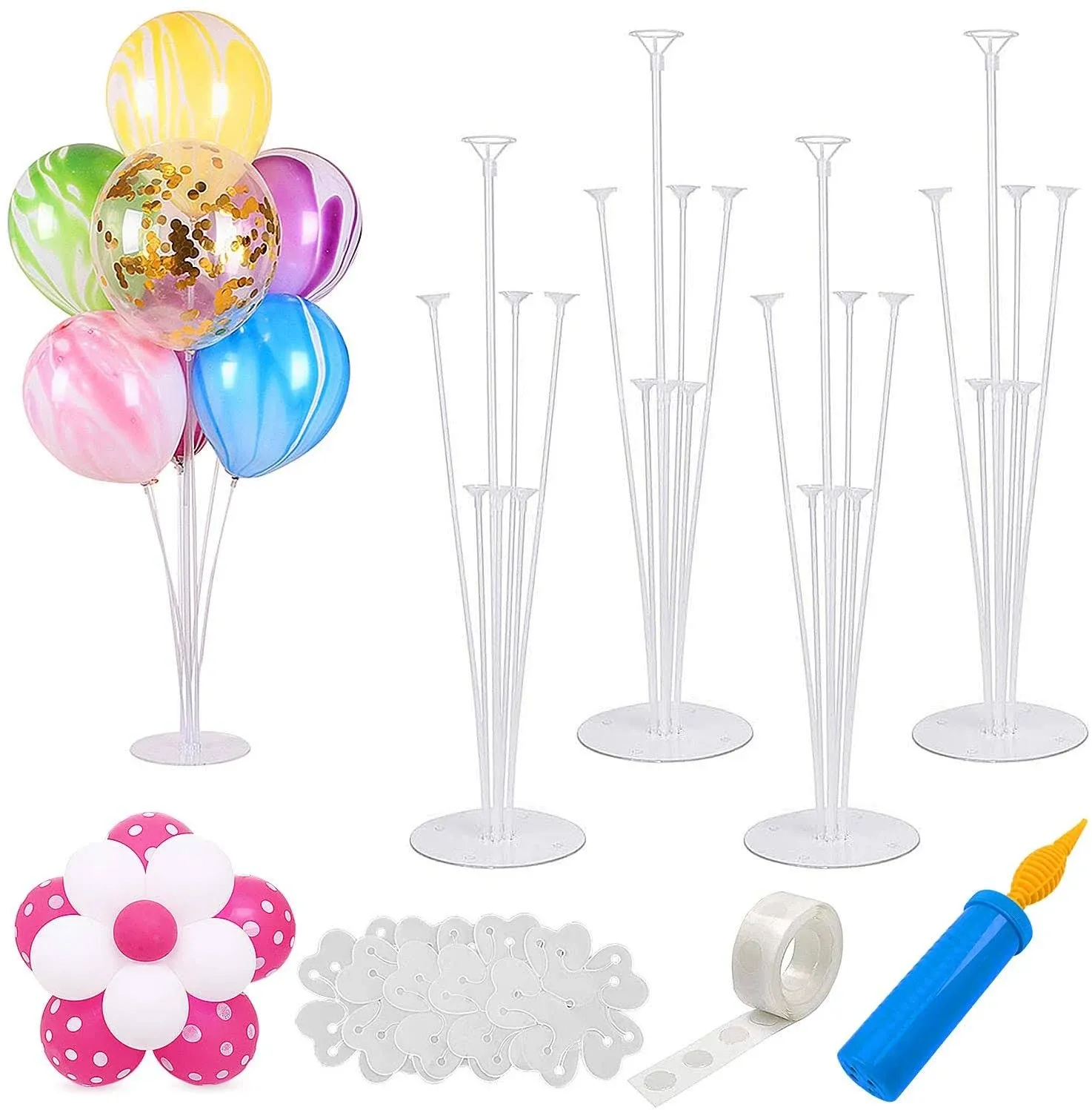 4 Sets of Balloon Table Stand Kit (7 Sticks 7 Cups 1 Base), Reusable Clear Balloon Centerpiece Stand Table Desktop Holder with 1 Pump for Birthday Wedding Party Festival Event Decorations