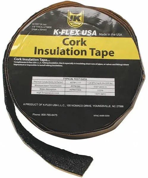 K-Flex USA Pipe Insulation Tape: Cork, 30 ft Overall Lg, 2 in Overall Wd, 130 Mil Thick, Black Model: 800-TAPE-CRK