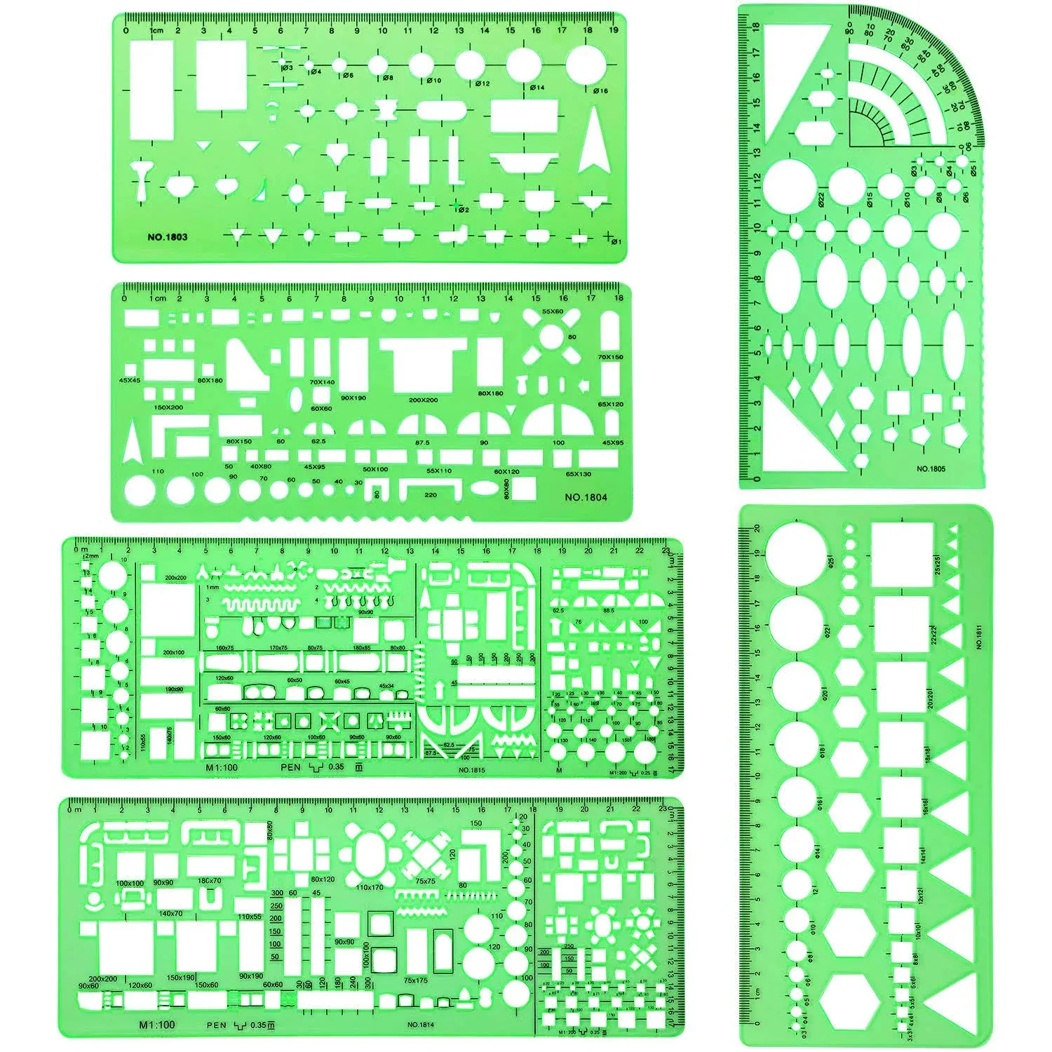 Hestya 6 Pieces Plastic Measuring Templates Building Formwork Stencils Geometric Drawing Rulers for Office and School Clear Green