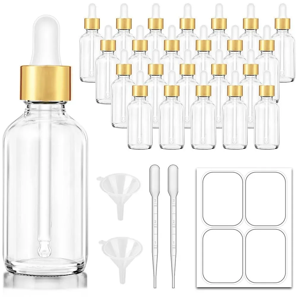 2 oz Dropper Bottle, 24 pack Clear Glass Eye Dropper Bottles with Golden Top Cap for Essential Oils, Tincture Bottle with Labels and Funnel