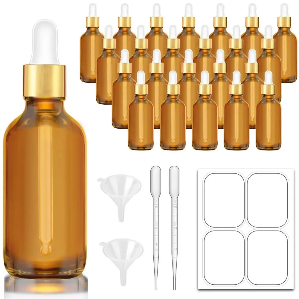 2 oz Dropper Bottle Amber Glass Eye Dropper Bottles with Golden Top Cap for E...