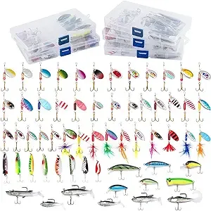 Dr.Fish 60 Pieces Fishing Lures Kit, 5 Tackle Box with Tackle Included, Fishing Spinner Lure Set Rooster Tail Lures Kits Trout Lures Freshwater Crappie Bass Walleye Bait Assorted