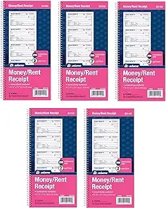 Adams Money and Rent Receipt Book, 2-Part Carbonless, 5-1/4 inch x 11 inch, Spiral Bound, 200 Sets per Book, 4 Receipts per Page, Sold As 5 Pack, 1000