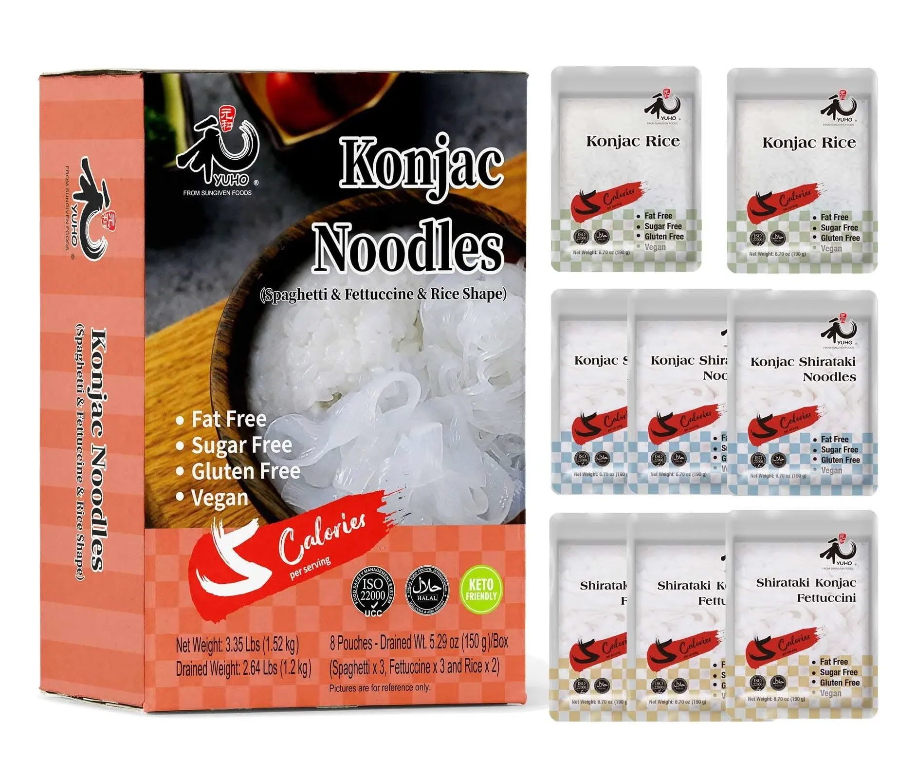 Yuho Shirataki Konjac Pasta and Rice Variety 8 Pack Inside, Vegan, Low Calorie ...