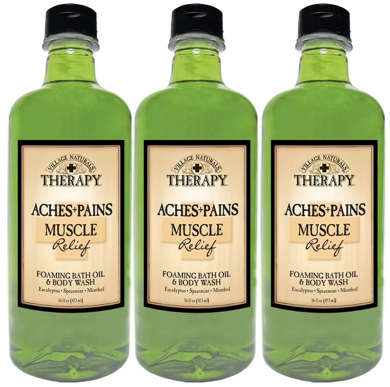 Village Naturals Aches + Pains Muscle Bath Oil & Wash 16 Ounce (473ml) (3 Pack)