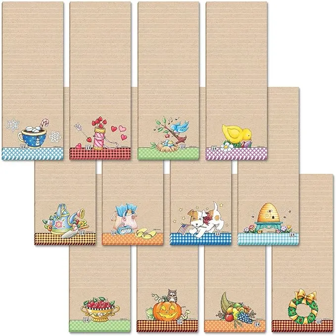 Current Mary Engelbreit Seasonal Characters Magnetic Notepad Set – Set of 12 Mini Memo Pads, 12 Designs, 30-Sheet Pads, 2½ x 6½ Inches, Shopping List, To-Do Notes, Printed in The USA