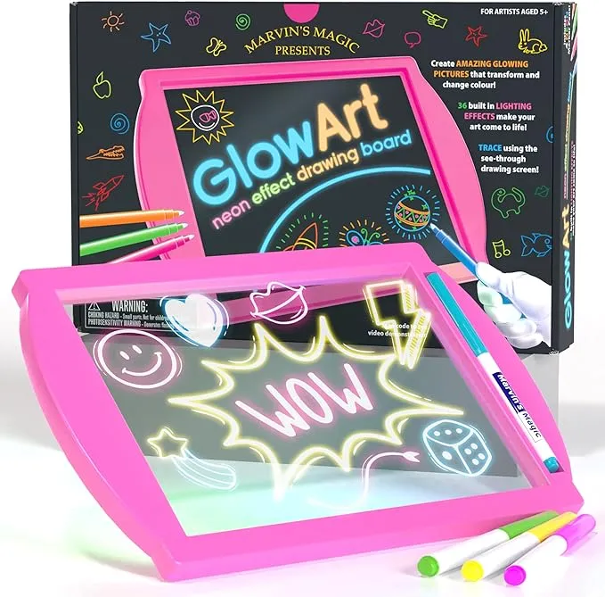 Marvin's Magic - Glow Art Unique Craft Kit | Light Up Kids Art Set | Includes Neon Effect Drawing Board with A Built-in Stand and 4 Fluorescent Magic Pens - Pink