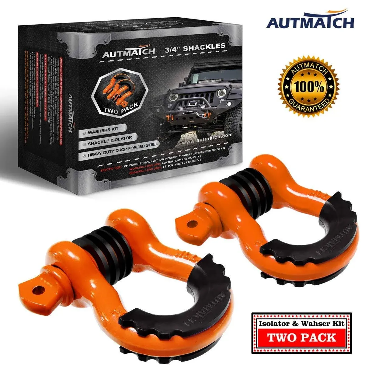 AUTMATCH D Ring Shackle 3/4" Shackles (2 Pack) 41,887Ibs Break Strength with 7/8 ...