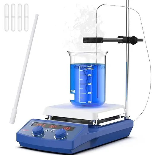 FOUR E'S SCIENTIFIC 510℃/950°F 7 Inch Magnetic Stirrer Hot Plate with Timer Function, 50-1500RPM, Max 20L Stirring Capacity, with Stand, Stir Bar Retriever, Temp Probe Sensor, 4pcs Stir Bars, 110V