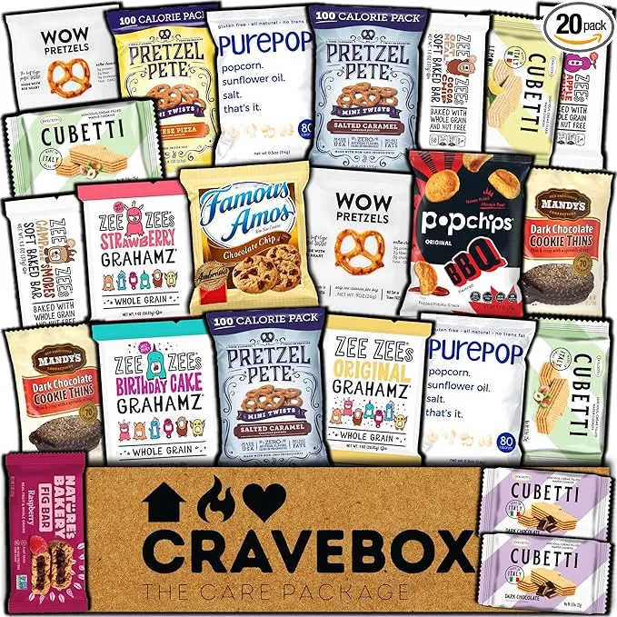 CRAVEBOX Gourmet Specialty Snack Box Care Package (20ct) Finals Healthy Cookies Bar Chips Organic Variety Gift Pack Assortment Basket Mix Sampler