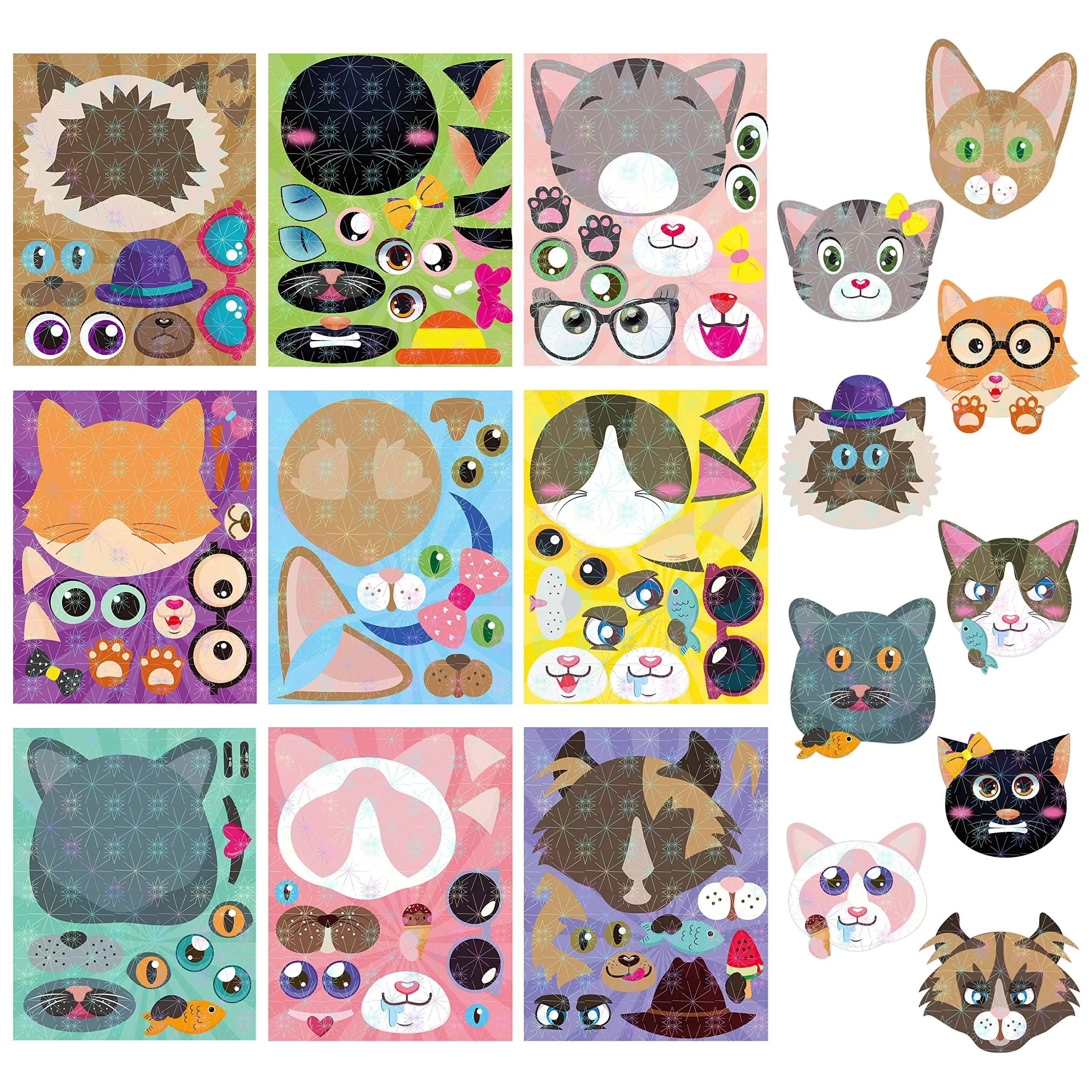 HubirdSall 45Pcs Cats Make-a-Face Stickers Make You Own Cats Holographic Stickers Games School Activity Reward for Kids Teacher Art Craft Birthday Gift Party Favors Room Decor Sticker for Children