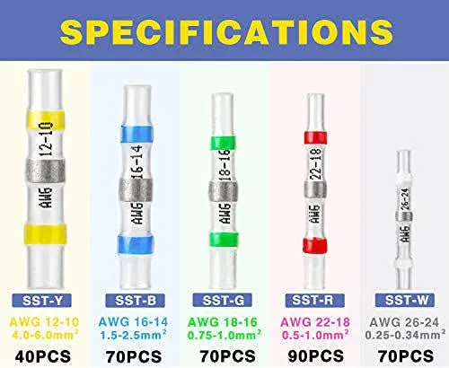 340PCS Solder Seal Wire Connectors-haisstronica Marine Grade Heat Shrink Wire Connectors-Butt Splice Wire Terminals for Marine,Electrical with Corrosion and Weatherproof(5Colors/5Sizes)
