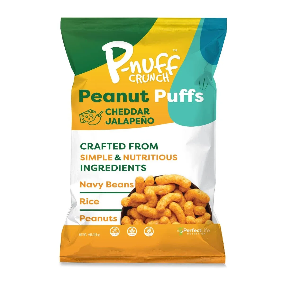 Pnuff Crunch Peanut Butter Puffs - Healthy Snacks, Low Calorie Snacks, Gluten Free Snacks, Vegan, High Protein, Keto, Office Snacks, as Seen on Shark Tank - Cheddar Jalapeno, 4 Oz Bag (Pack of 15)