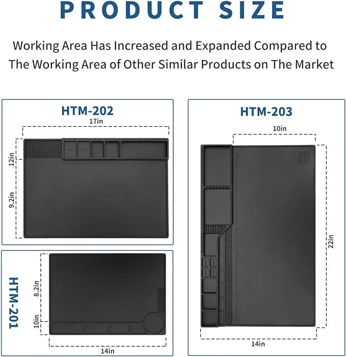 Htm-203 Black Magnetic Repair Work Mat Heat Resistant Large Silicone Soldering Mat Expand Work Area for Soldering, Electronics, Computer Repair Etc