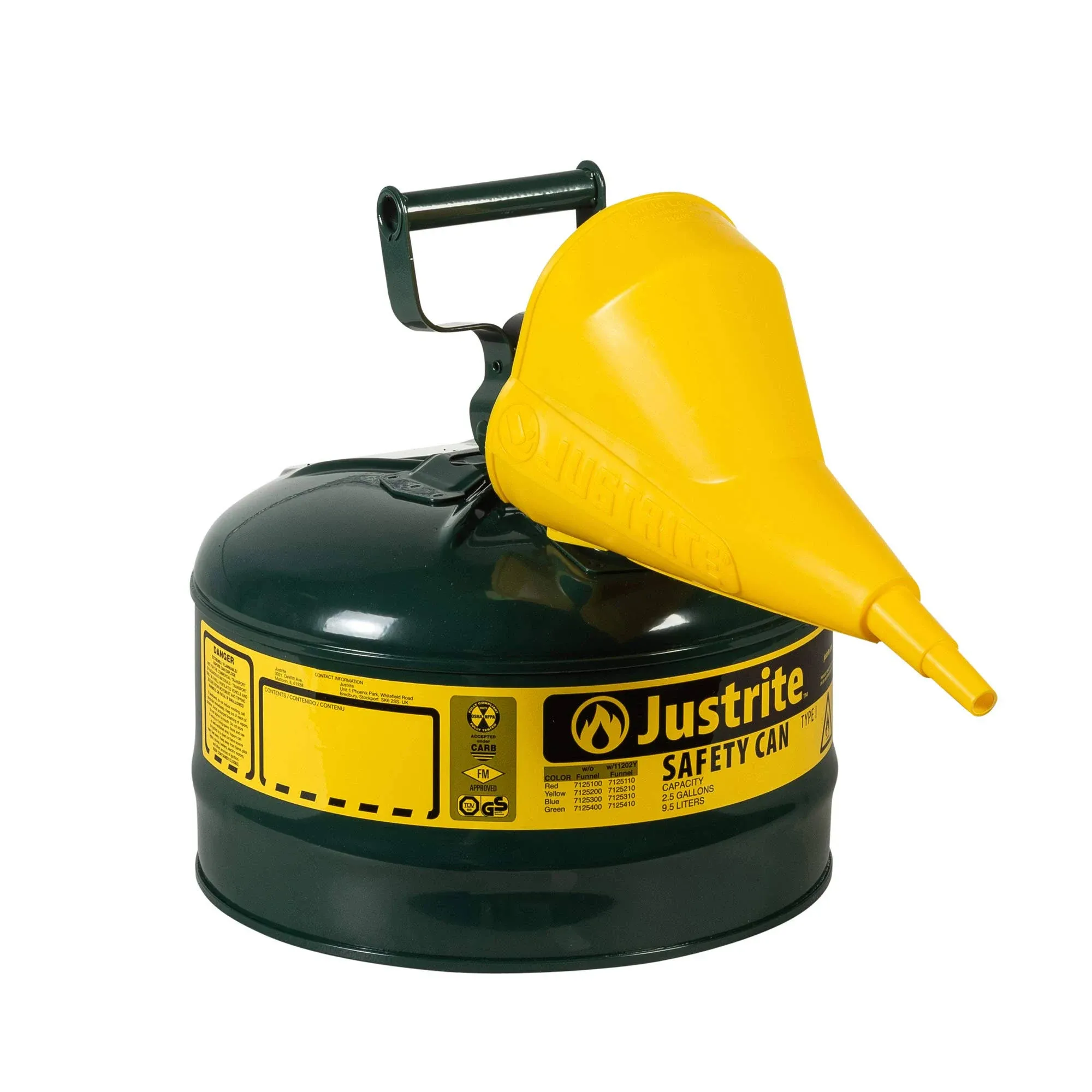 Justrite 7125410 Type I Steel Safety Can Oil 2.5 Gal Green with Funnel