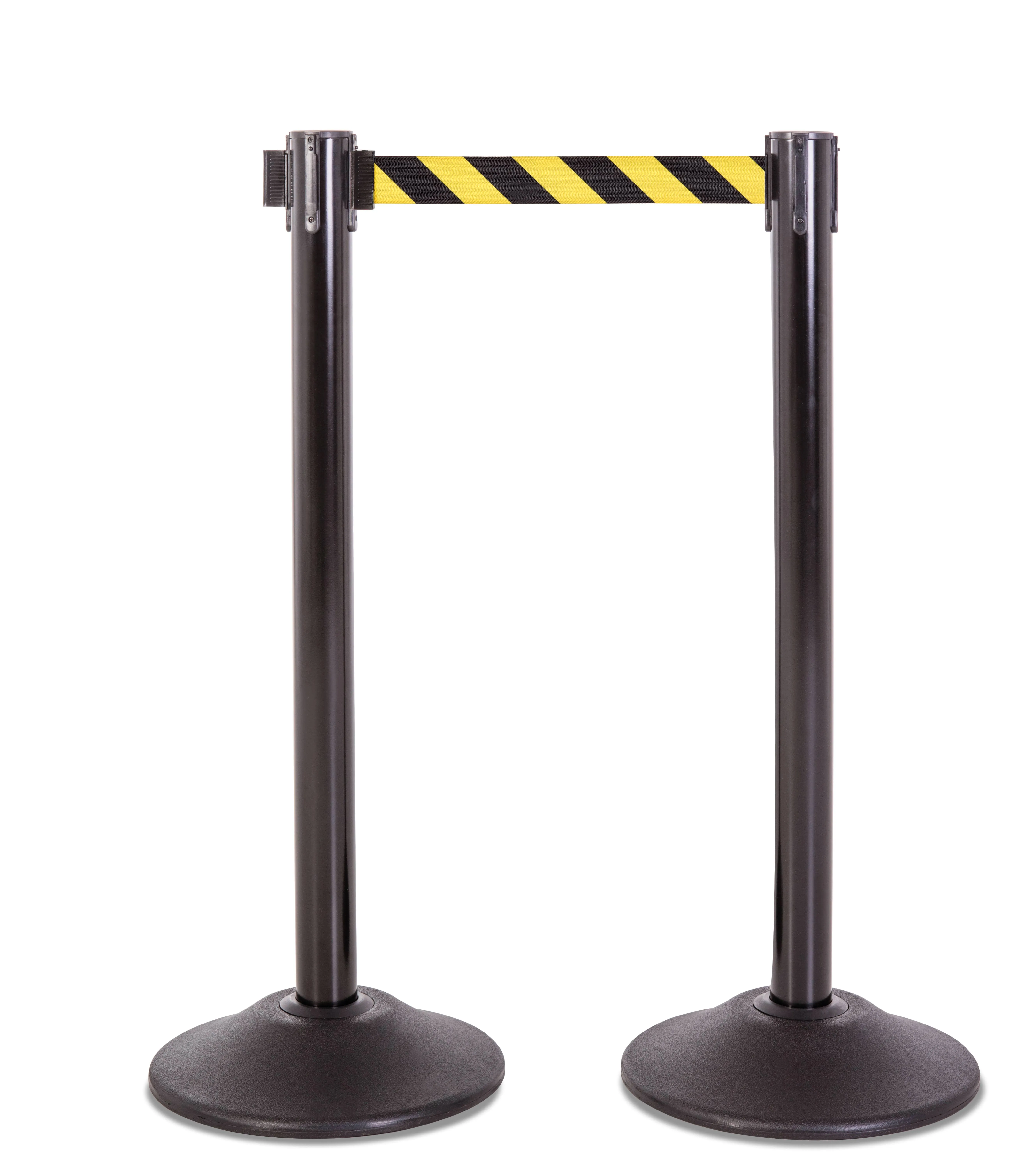 US Weight Black Heavy Duty Premium Steel Stanchion with 7.5-Foot Retractable Yellow/Black Striped Belt, 2 pack