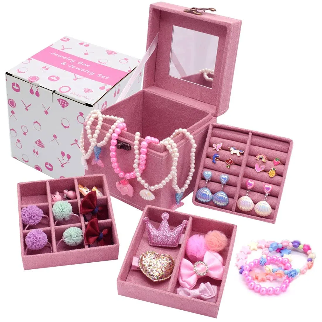 Little Girl Kids 3 Layer Lint Jewelry Box with Mirror and 35 Pieces Girl Princess Jewelry Dress Up Accessories Toy Playset Set