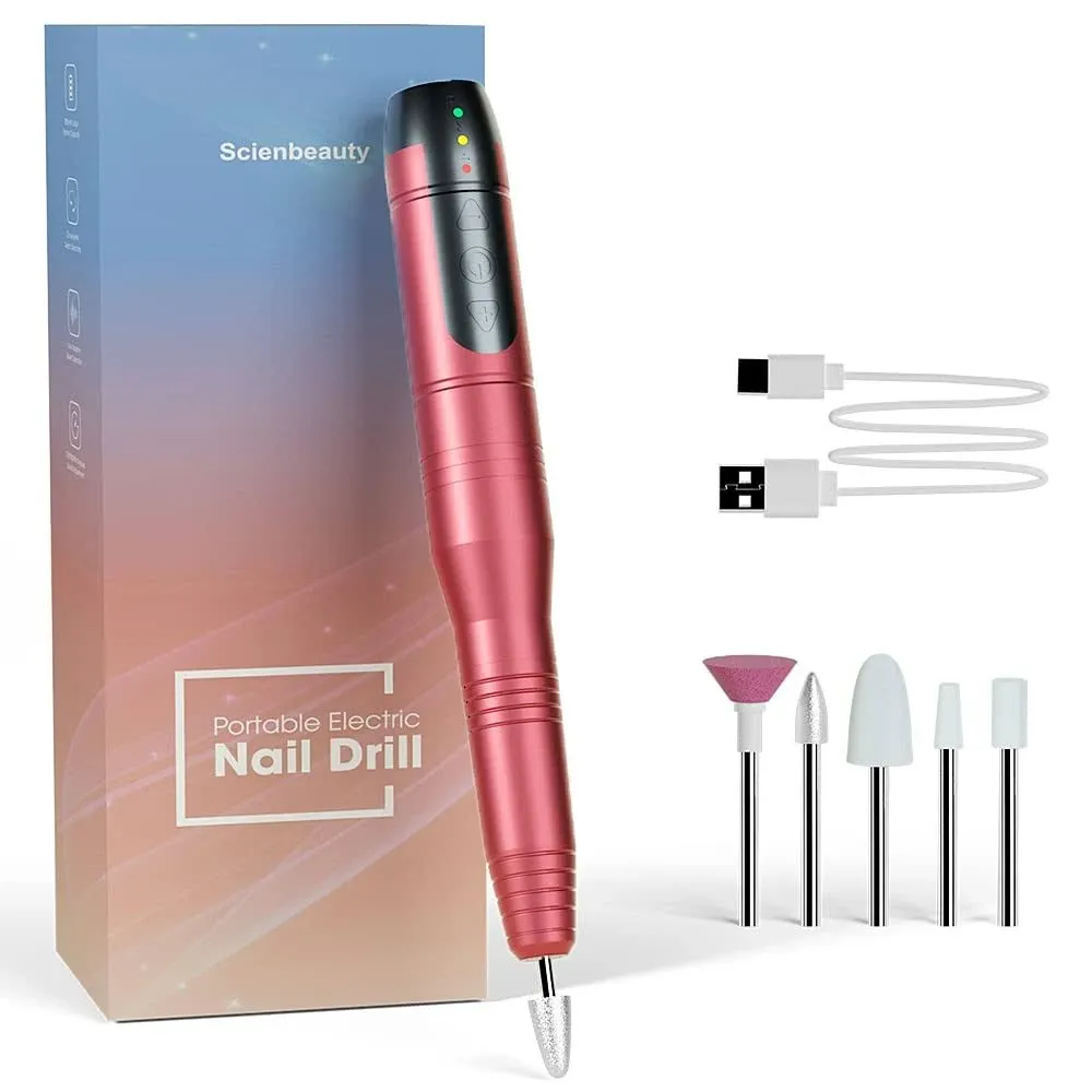 Rechargeable Nail Drill Kits, 20000RPM Cordless Portable Nail Files for Acrylic Gel Nails by Scienbeauty（Bright Rose）