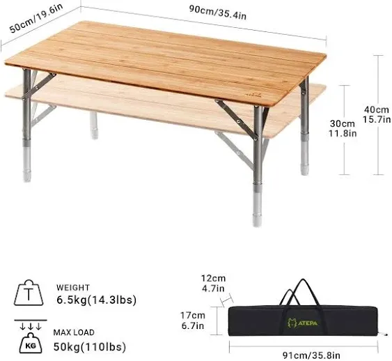 ATEPA Bamboo Camping Table Environmental Folding Table with Adjustable Height Aluminum Legs Heavy Duty 110lbs 4-Fold Portable Foldable Camp Tables for Travel, Picnic, Outdoor and Indoor