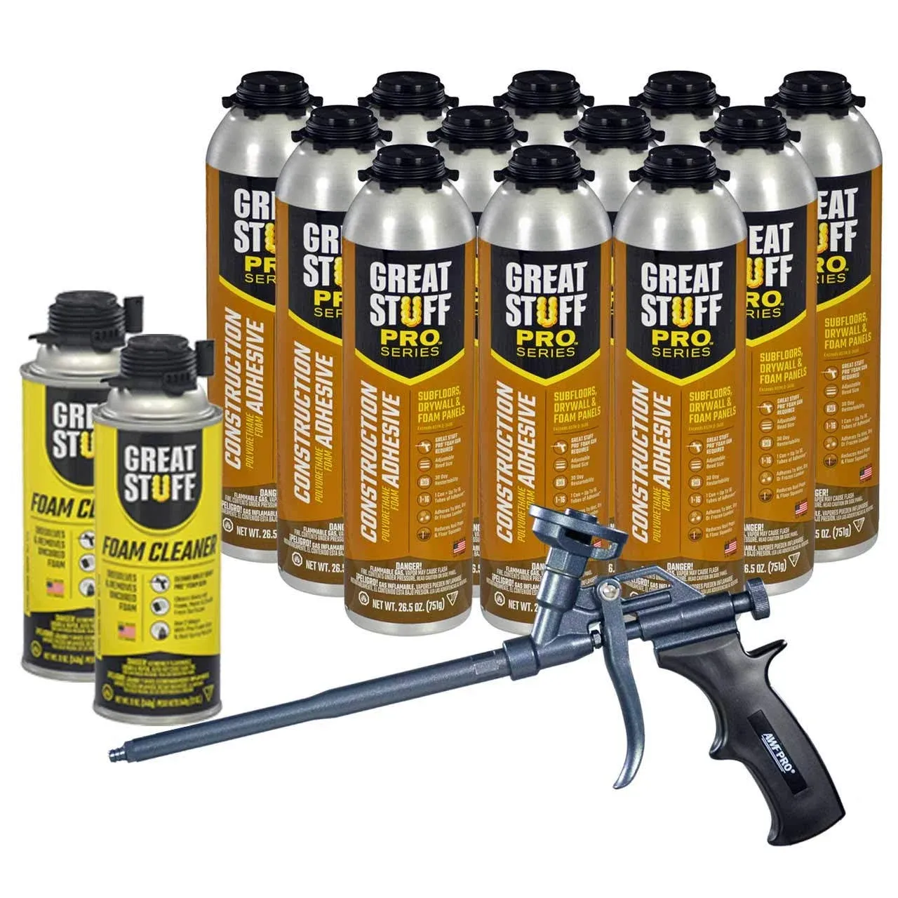 Great Stuff Pro 26.5oz Construction Adhesive, Teflon Coated Foam Gun, 2 Cleaners