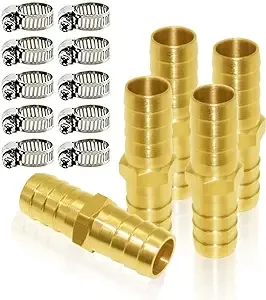 Joywayus 5/8" ID Hose Barb Hex Union Brass Fitting Water/Fuel/Air with 10 Stainless Steel Clamps (Pack of 5)