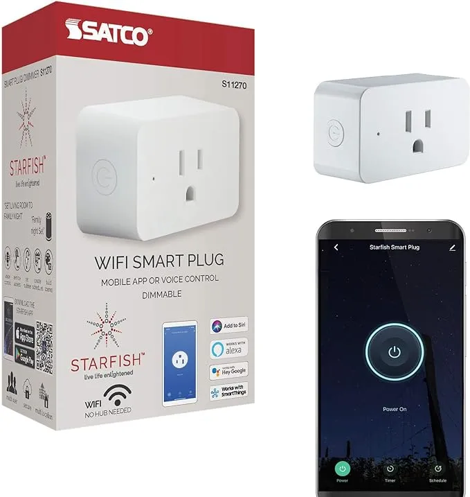 Satco S11270 Starfish 3-Inch On/Off and Dimmer WiFi Smart Plug Outlet, Works with Siri, Alexa, Google Assistant, SmartThings, White