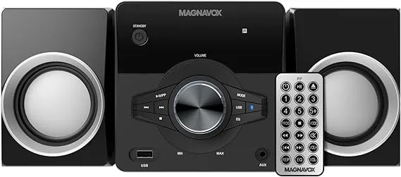 Magnavox MM442 3-Piece Top Loading CD Shelf System with Digital PLL FM Stereo Radio, Bluetooth Wireless Technology, and Remote Control in Black | Blue Lights | LED Display | AUX Port Compatible |