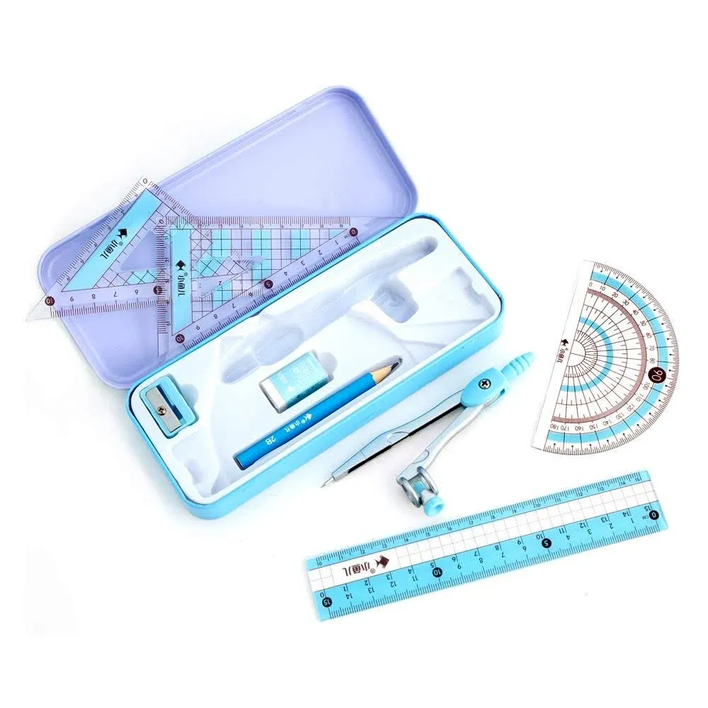 8 Pcs Compass/Math Set for Students with Shatterproof Storage Box, Geometry Set for School, includes Ruler, Protractor, Compass, Pencil,Pencil sharpener and Eraser,etc. Perfect Gift