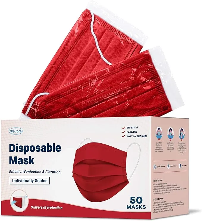 WECARE Disposable Face Mask Individually Wrapped - 50 Pack, Colored Face Masks