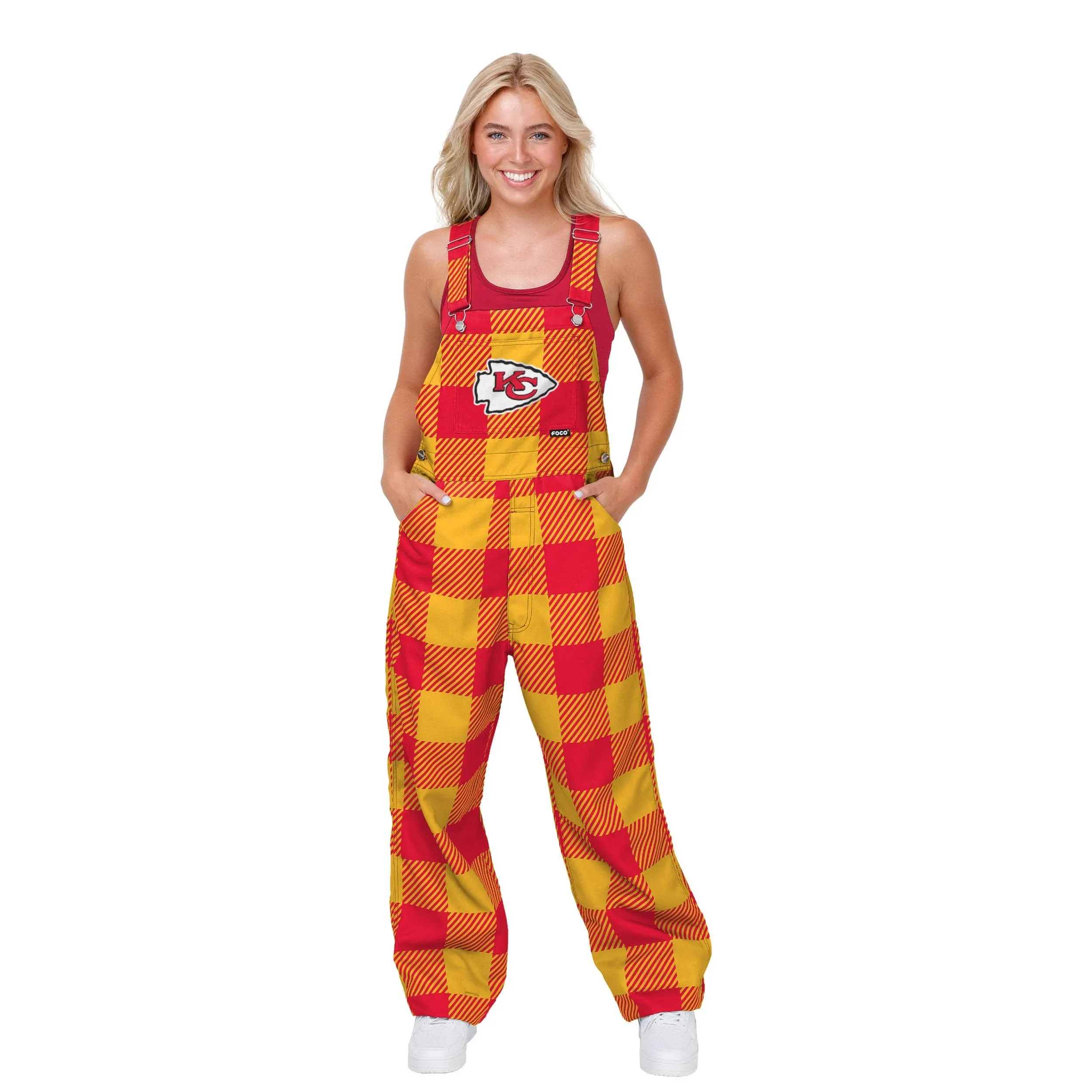 FOCO Kansas City Chiefs Womens Plaid Bib Overalls, Size: XS