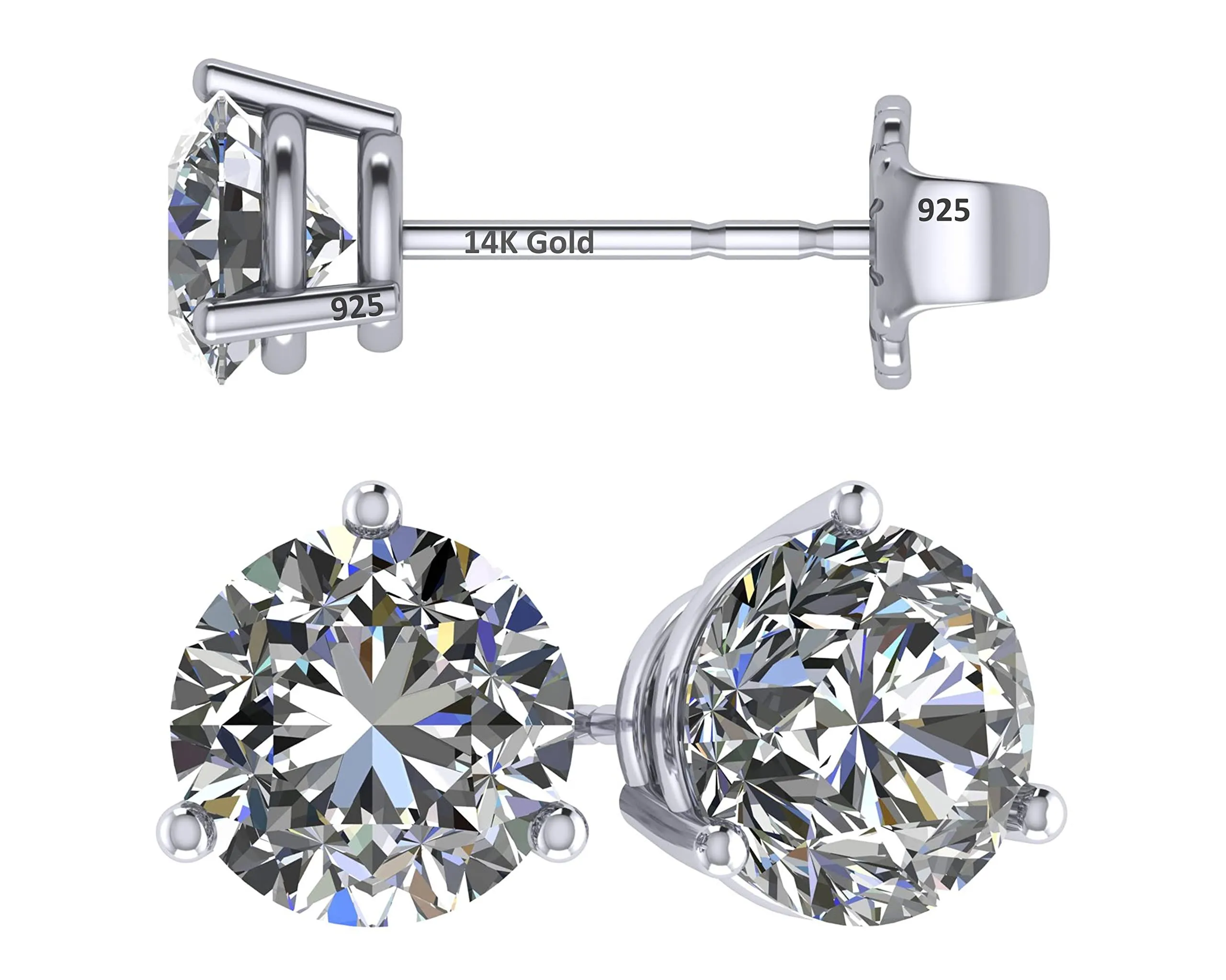 Central Diamond Center 14K Gold Post & Sterling Silver Zirconia 3 Prong Martini Stud Earrings - Platinum Plated 6.50mm 2.00cttw