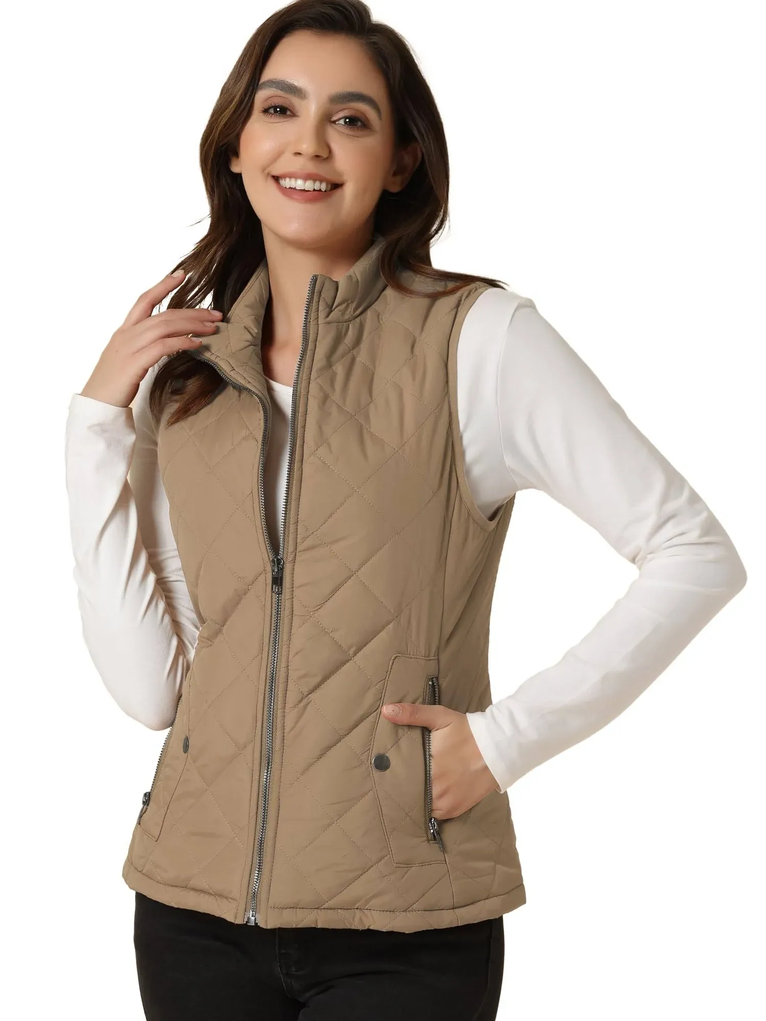 Allegra K Zip Stand Collar Slant Pockets Quilted Padded Vest, Khaki / M