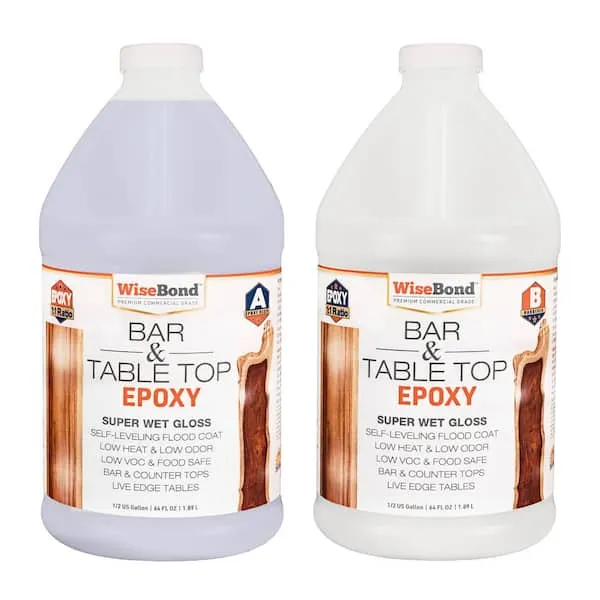 WiseBond Table Top Epoxy Resin 1 Gallon Kit, Food Safe Bubble Free, Anti-Yellow UV Resistant, Clear High Gloss, 2 Part 1:1 Mix Ratio, DYI Bar Tops, Countertop Surface Coating