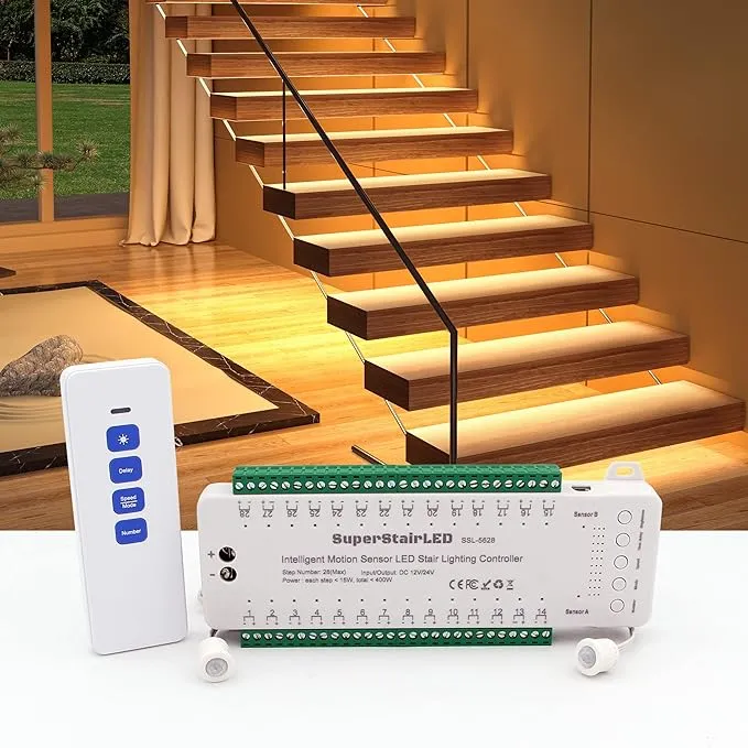 Motion Sensor Stair Lights Controller SSL-5628, 9 Modes Adjustable Brightness for Indoor Stair Lighting and Step Lights, Max 28 Steps