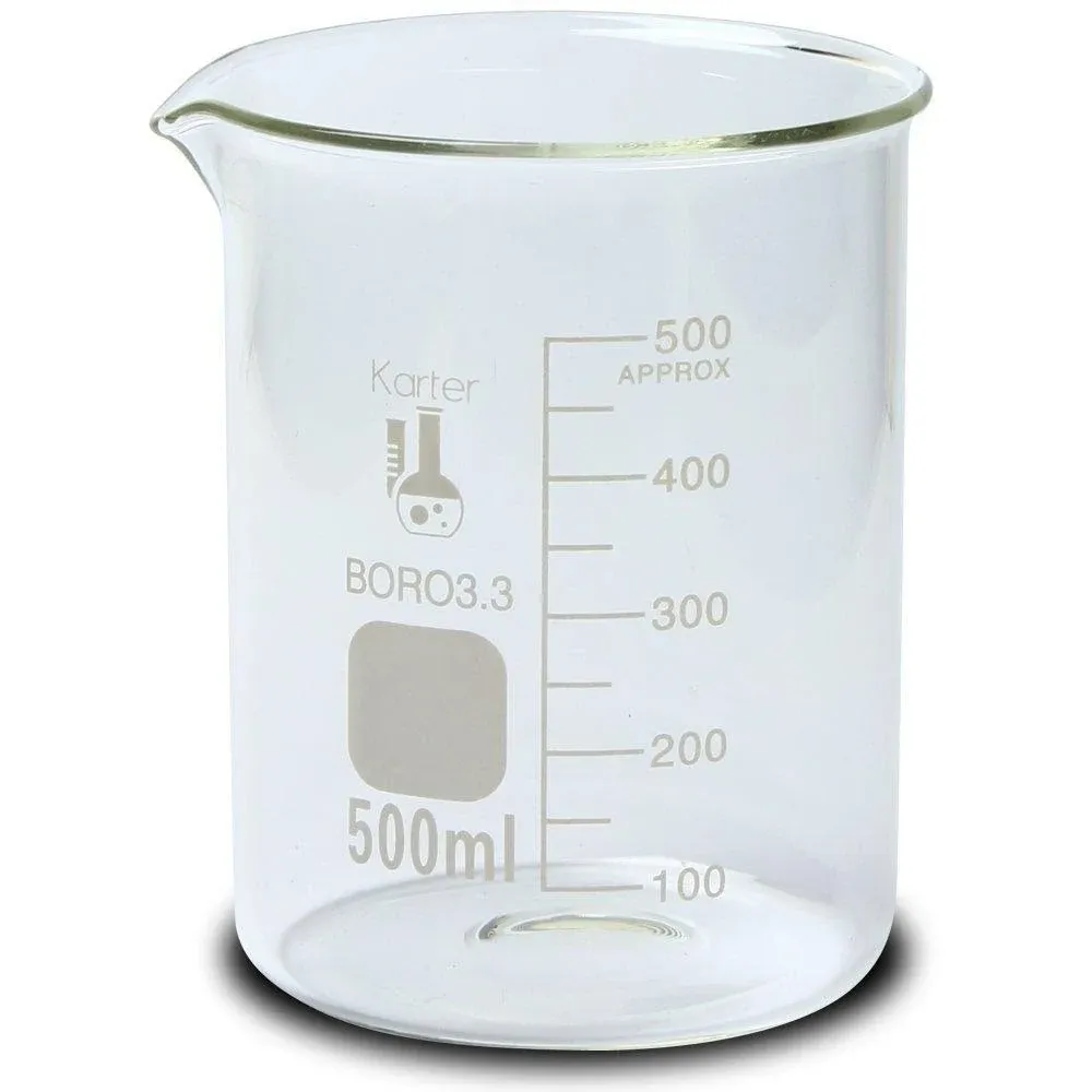 500ml Beaker, Low Form Griffin, Borosilicate 3.3 Glass, Double Scale, Graduated, Karter Scientific 213D26 (Single)