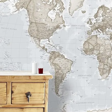 Maps International - Giant World Map Mural - Mega-Map Of The World Wallpaper - 91 x 62 - Neutral Colors